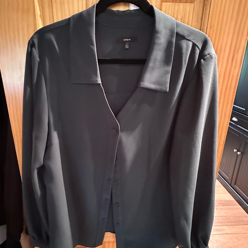 DREW women’s green button down blouse.